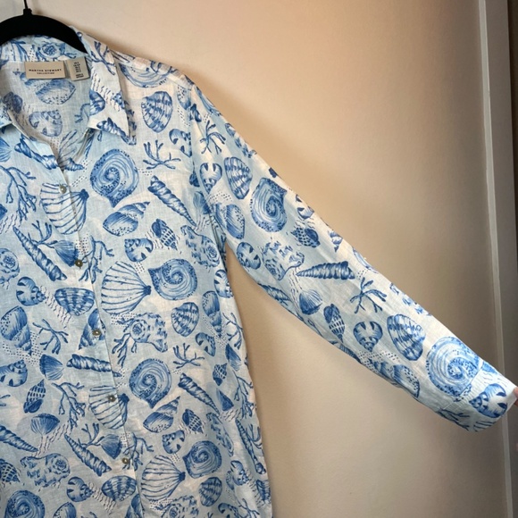 Martha Stewart Womens Linen Blend Shirt Dress Blue White Beach Shells Size Small - Picture 5 of 16
